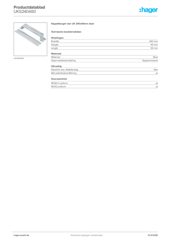 Afbeelding Hager Productdatablad UKS240480 | Hager Belgium