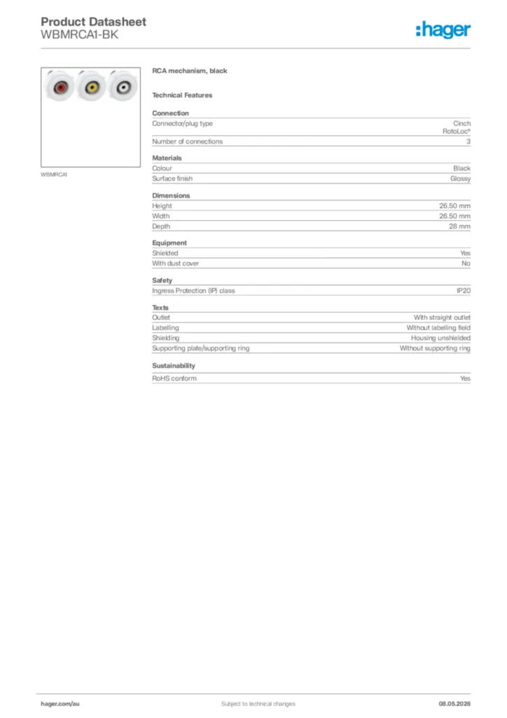 Image Hager Product data sheet WBMRCA1-BK  | Hager Australia