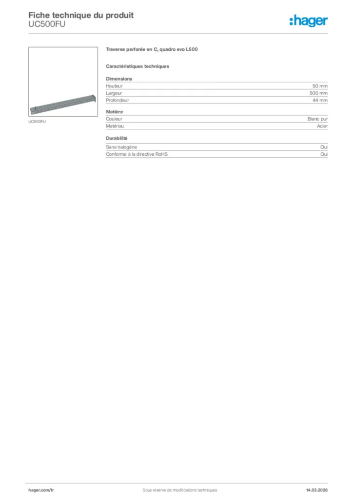 Image Hager Fiche technique du produit UC500FU | Hager France