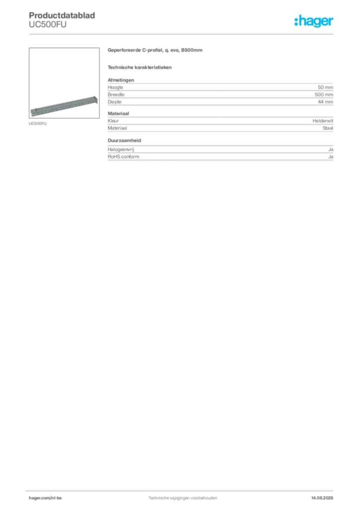 Afbeelding Hager Productdatablad UC500FU | Hager Belgium