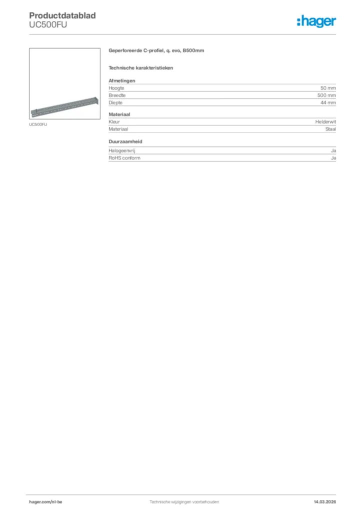 Afbeelding Hager Productdatablad UC500FU | Hager Belgium