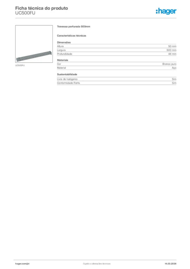 Imagem Hager Ficha técnica do produto UC500FU | Hager Portugal