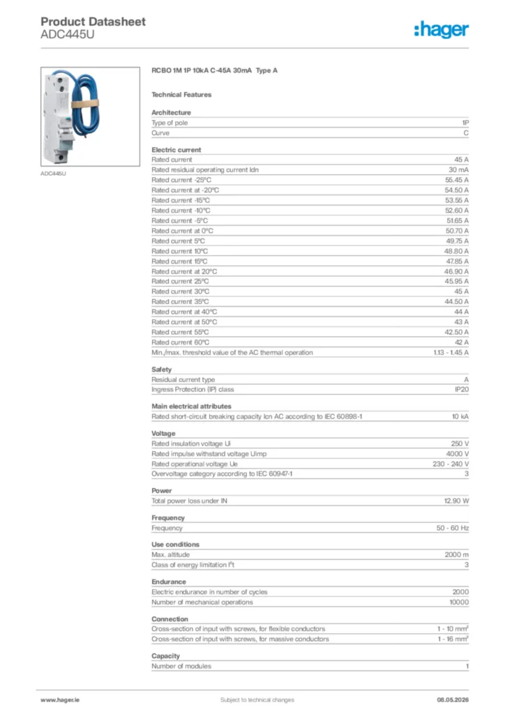 Image Hager Product data sheet ADC445U  | Hager