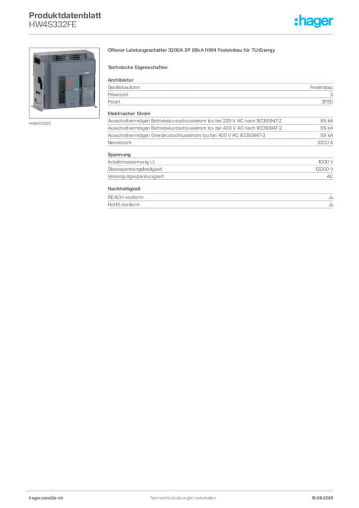 Bild Hager Produktdatenblatt HW4S332FE | Hager Schweiz