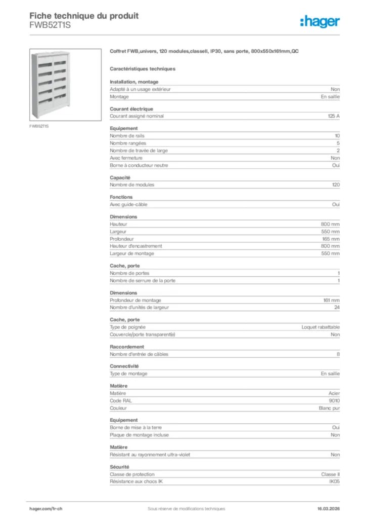 Image Hager Fiche technique du produit FWB52T1S | Hager Suisse