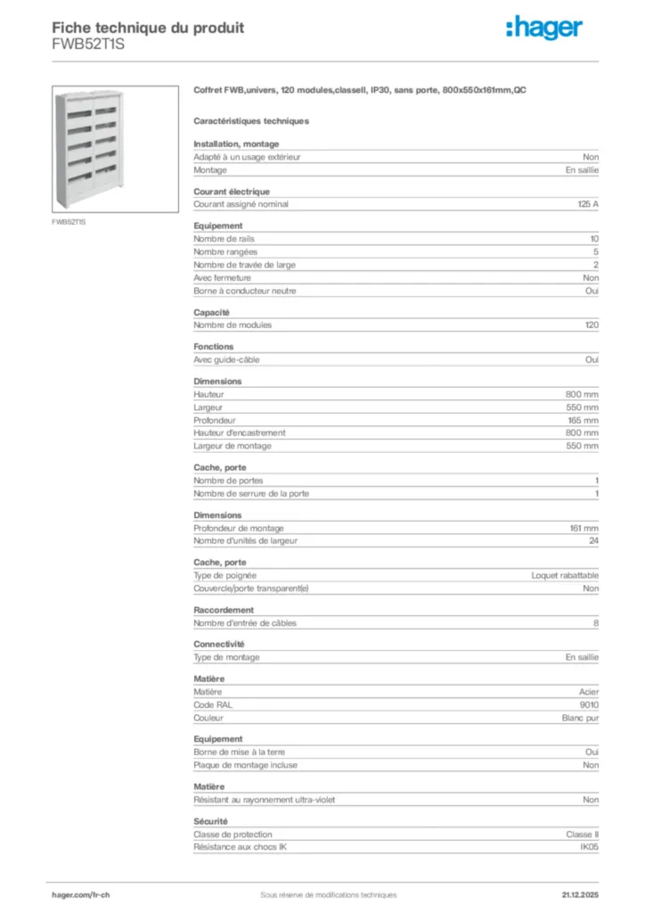 Image Hager Fiche technique du produit FWB52T1S | Hager Suisse