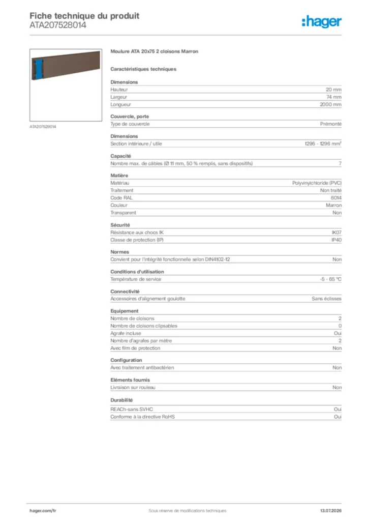 Image Hager Fiche technique du produit ATA207528014 | Hager France