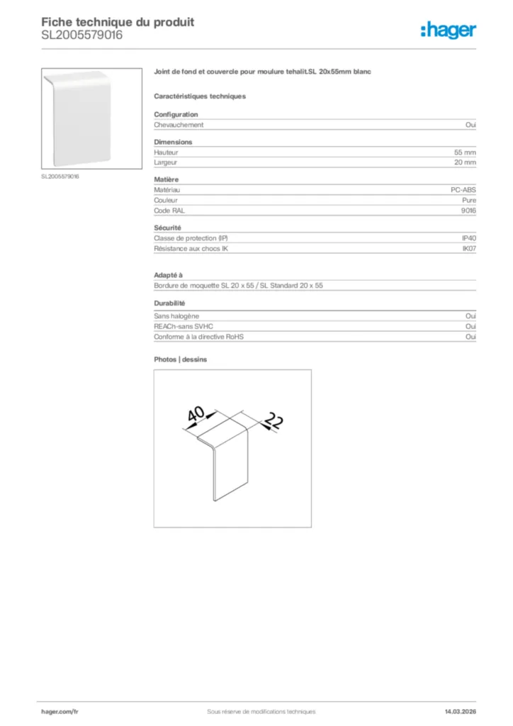 Image Hager Fiche technique du produit SL2005579016 | Hager France