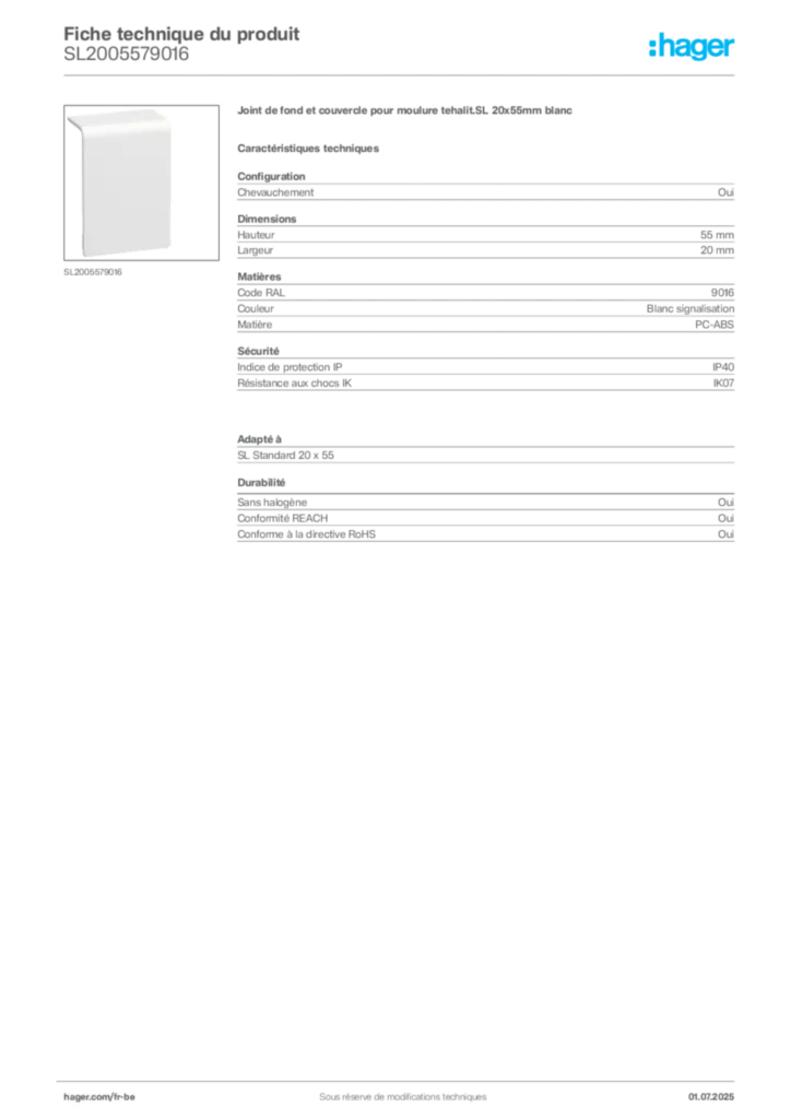 Image Hager Fiche technique du produit SL2005579016 | Hager Belgique