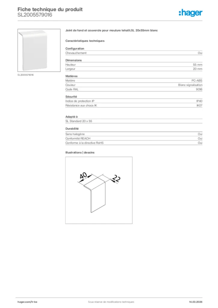 Image Hager Fiche technique du produit SL2005579016 | Hager Belgique