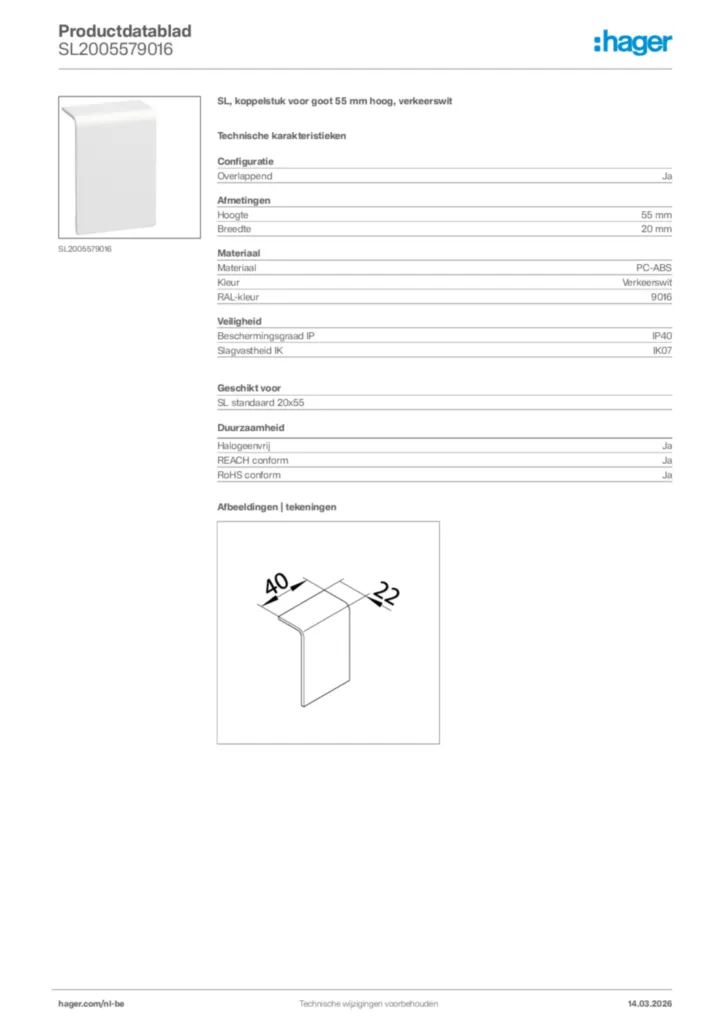 Afbeelding Hager Productdatablad SL2005579016 | Hager Belgium