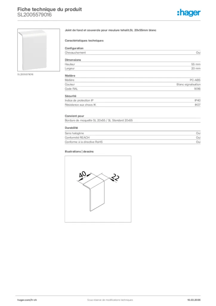 Image Hager Fiche technique du produit SL2005579016 | Hager Suisse
