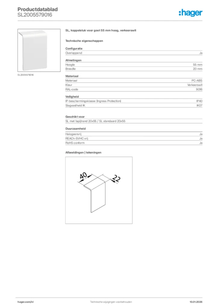 Afbeelding Hager Productdatablad SL2005579016 | Hager Nederland