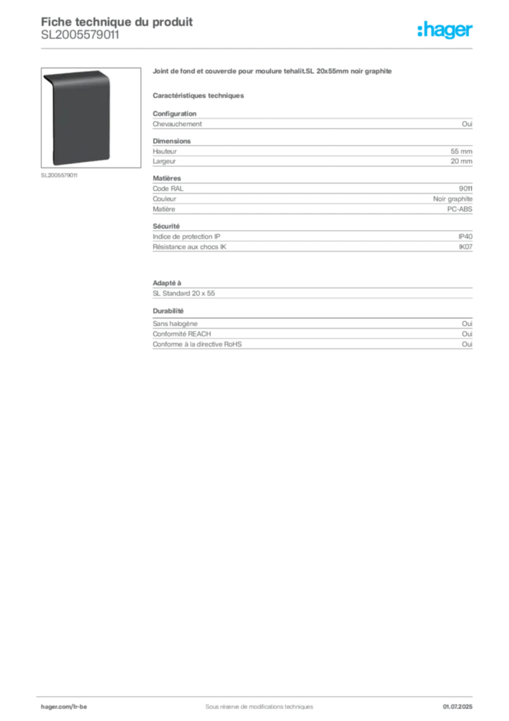 Image Hager Fiche technique du produit SL2005579011 | Hager Belgique