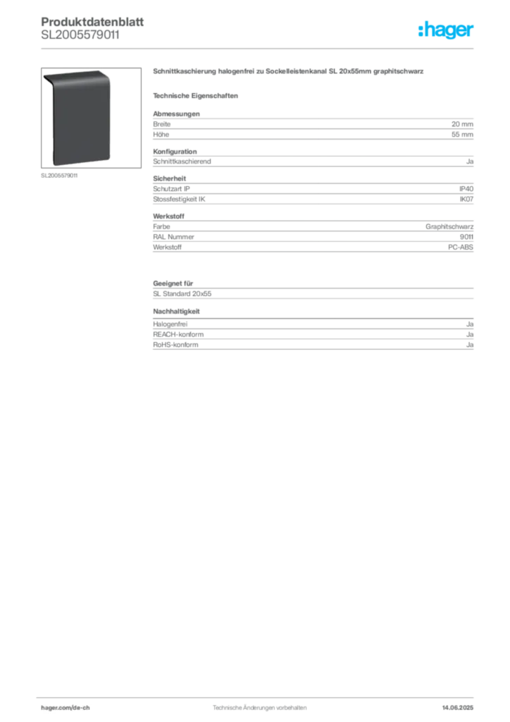 Bild Hager Produktdatenblatt SL2005579011 | Hager Schweiz