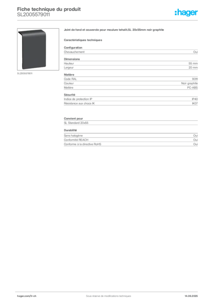 Image Hager Fiche technique du produit SL2005579011 | Hager Suisse
