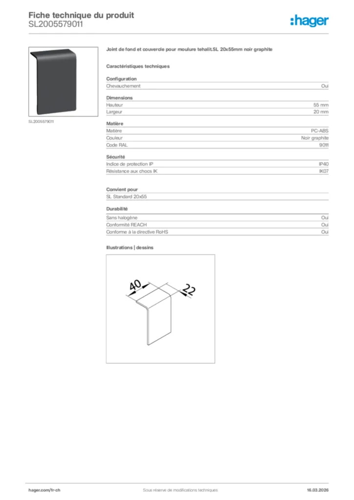 Image Hager Fiche technique du produit SL2005579011 | Hager Suisse