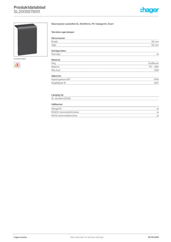 Bild Hager Produktdatablad SL2005579011 | Hager Sverige