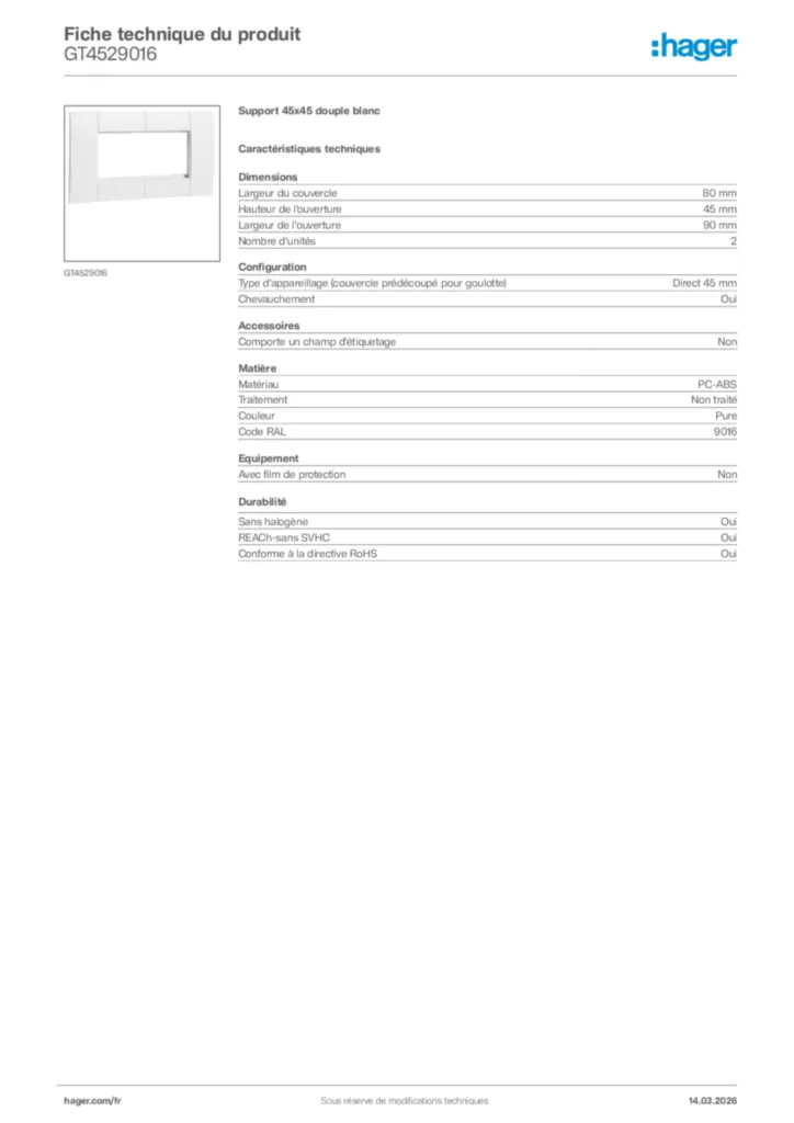 Image Hager Fiche technique du produit GT4529016 | Hager France
