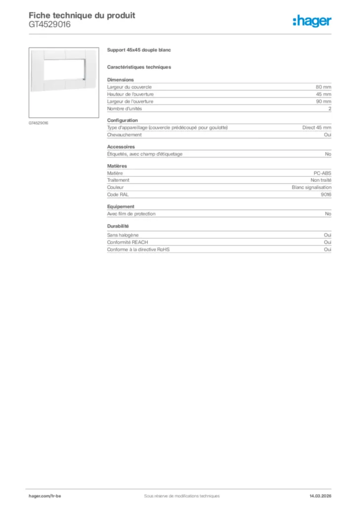 Image Hager Fiche technique du produit GT4529016 | Hager Belgique