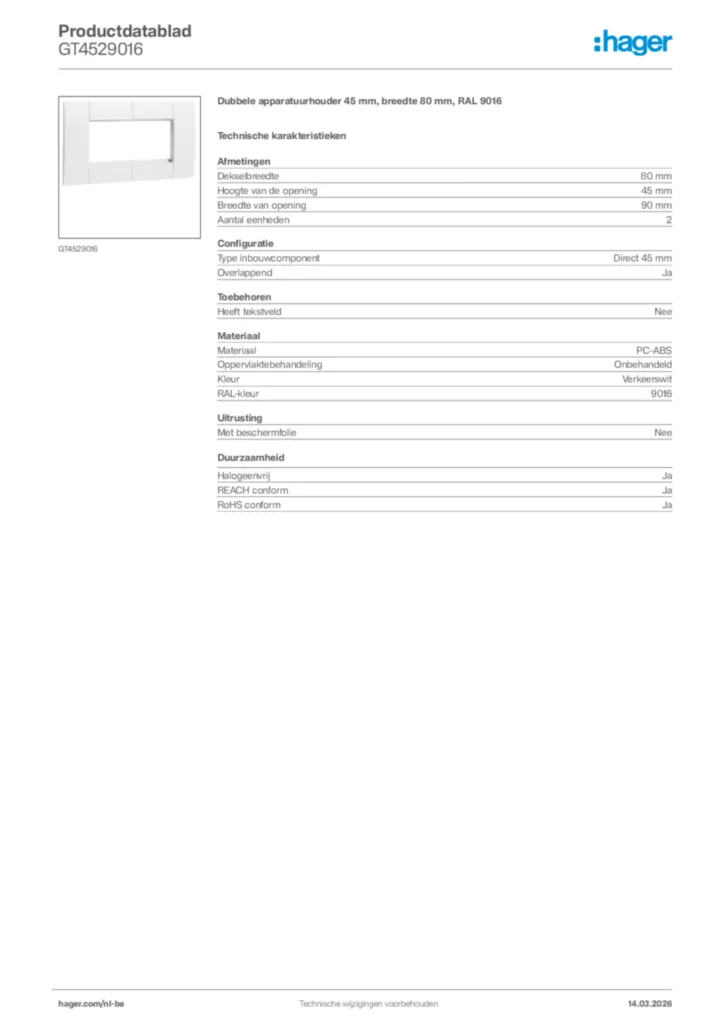 Afbeelding Hager Productdatablad GT4529016 | Hager Belgium