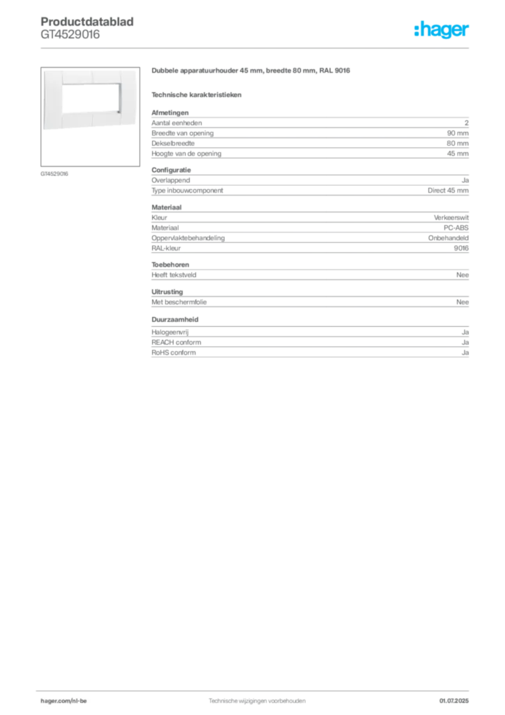 Afbeelding Hager Productdatablad GT4529016 | Hager Belgium