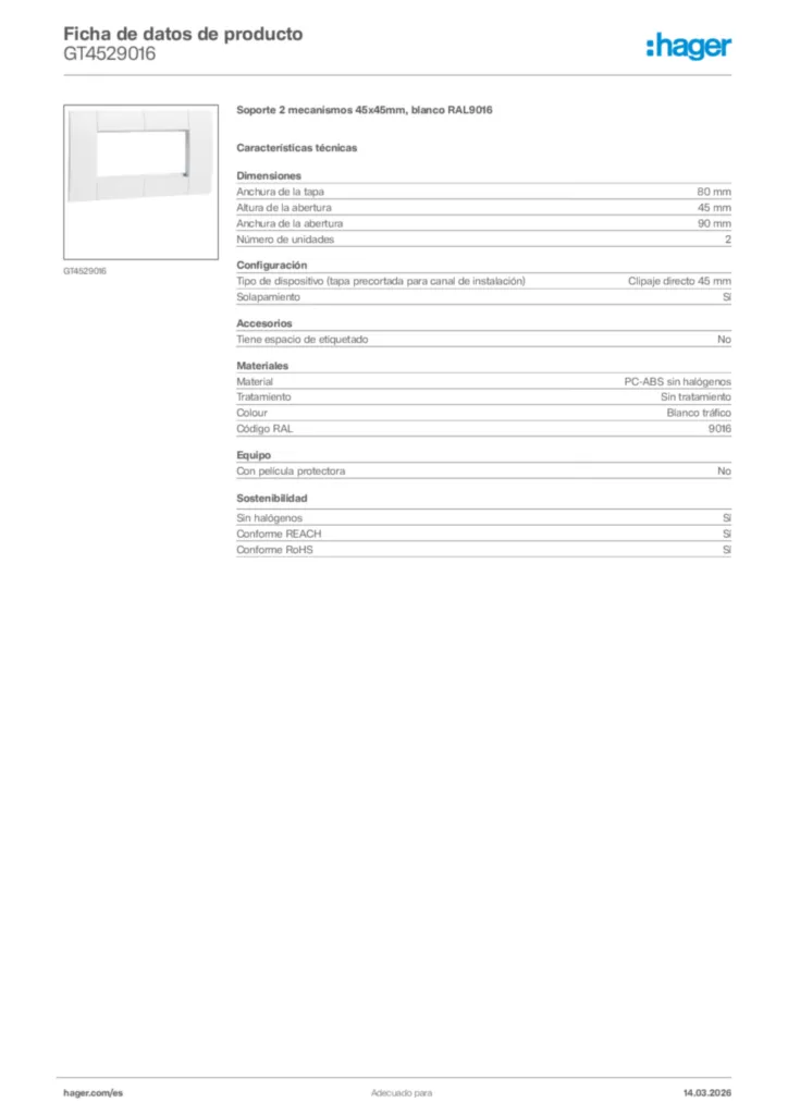 Imagen Hager Ficha de datos de producto GT4529016 | Hager España