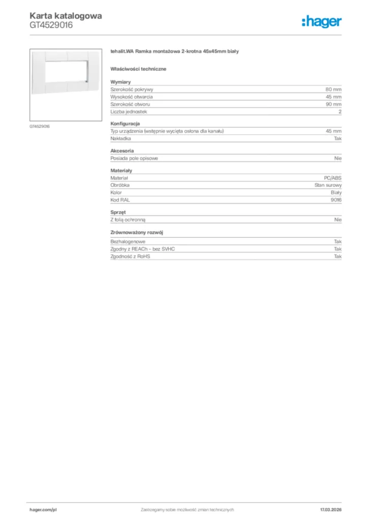 Zdjęcie Hager Karta katalogowa GT4529016 | Hager Polska