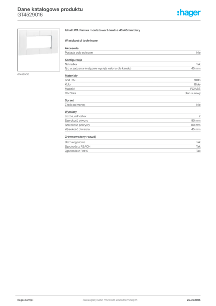 Zdjęcie Hager Dane katalogowe produktu GT4529016 | Hager Polska