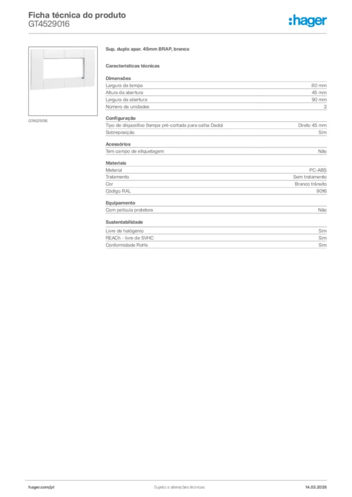 Imagem Hager Ficha técnica do produto GT4529016 | Hager Portugal