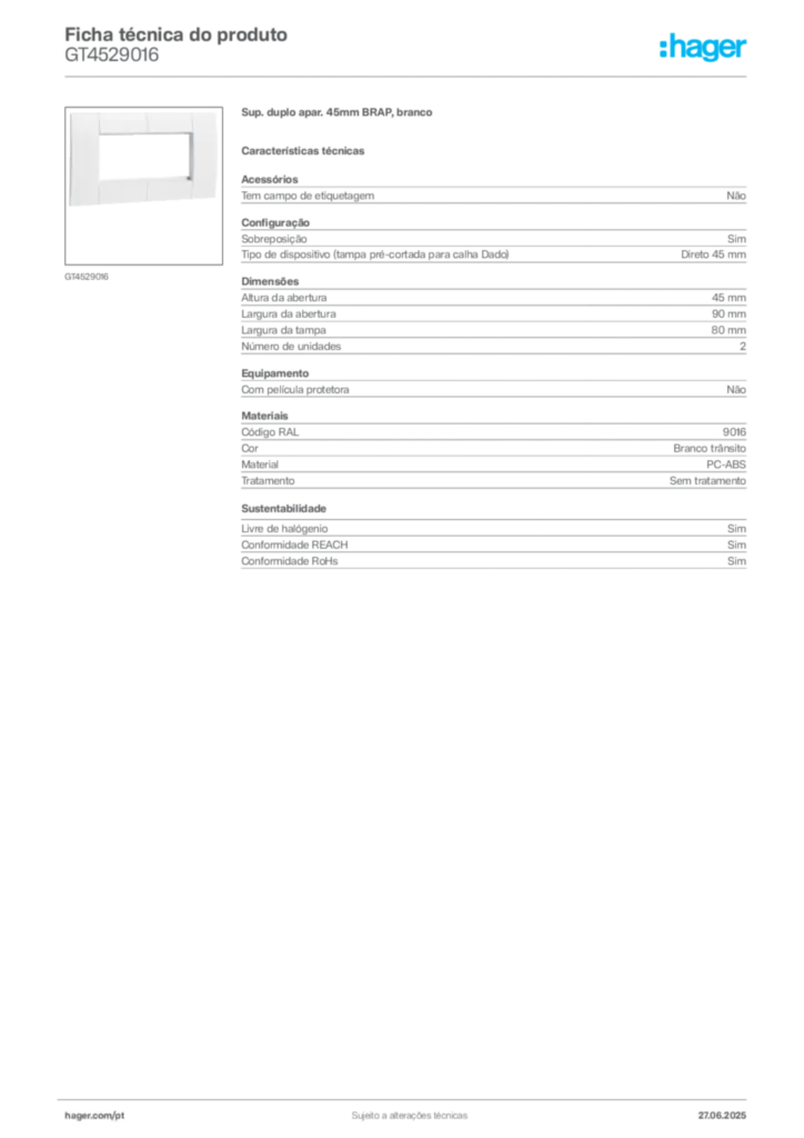 Imagem Hager Ficha técnica do produto GT4529016 | Hager Portugal