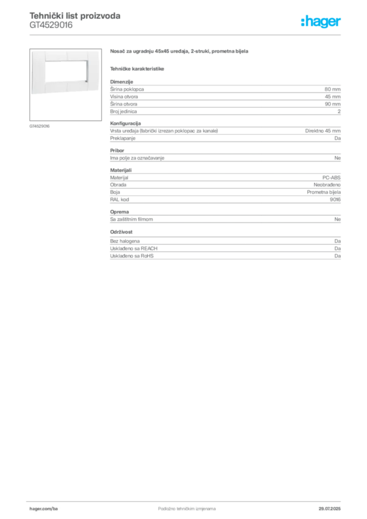 Slika Hager Product data sheet GT4529016  | Hager