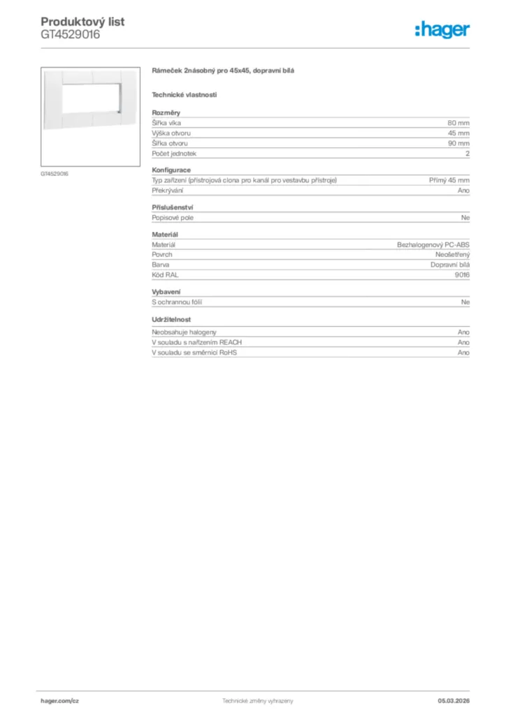 Obrázek Hager Product data sheet GT4529016 | Hager