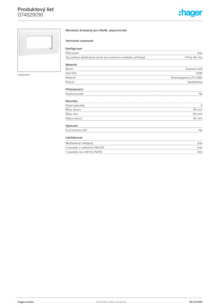 Obrázek Hager Produktový list GT4529016 | Hager