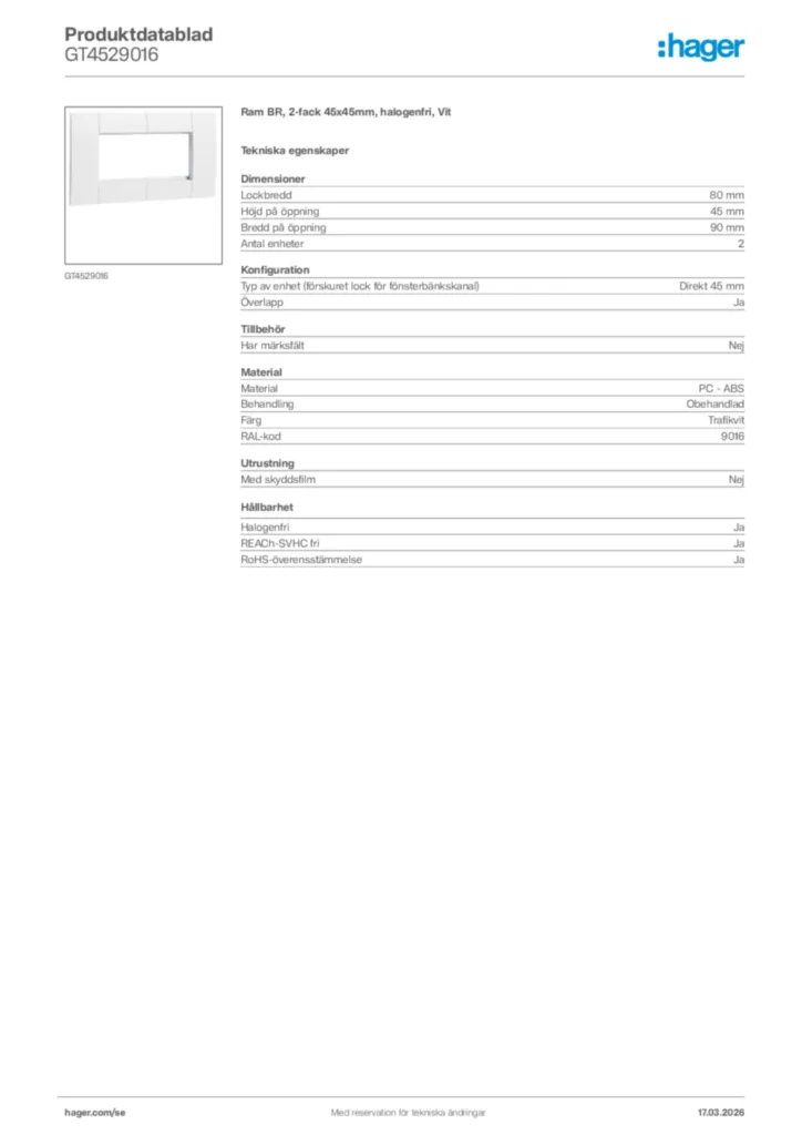 Bild Hager Produktdatablad GT4529016 | Hager Sverige