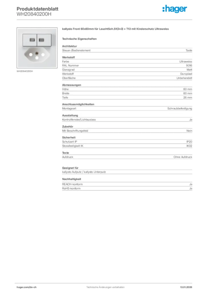 Bild Hager Produktdatenblatt WH20840200H | Hager Schweiz