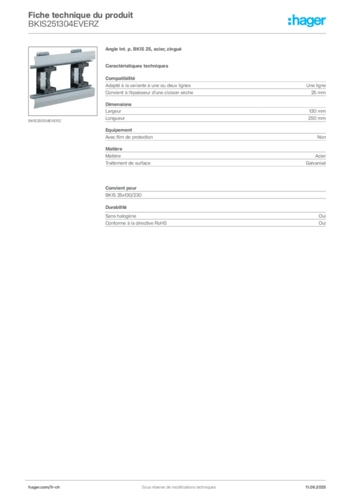 Image Hager Fiche technique du produit BKIS251304EVERZ | Hager Suisse