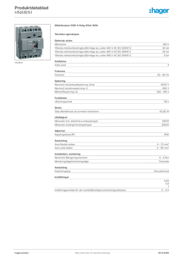 Bild Hager Produktdatablad HNA161H | Hager Sverige