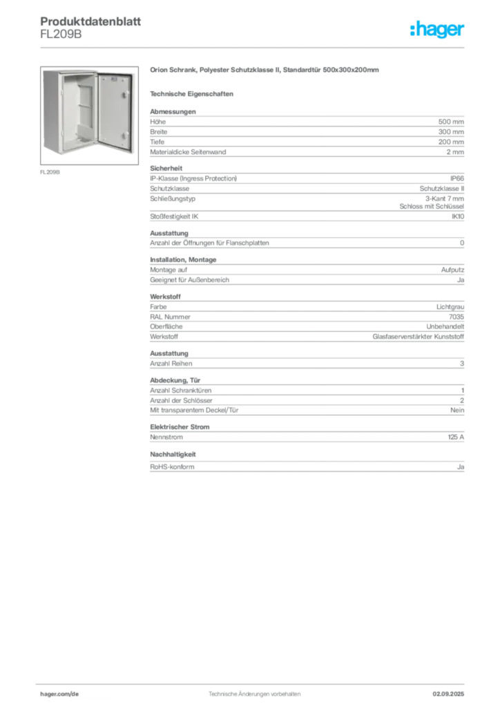 Hager Produktdatenblatt FL209B