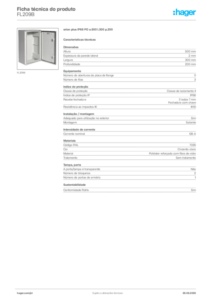 Imagem Hager Ficha técnica do produto FL209B | Hager Portugal
