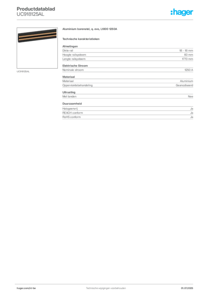 Afbeelding Hager Productdatablad UC918125AL | Hager Belgium