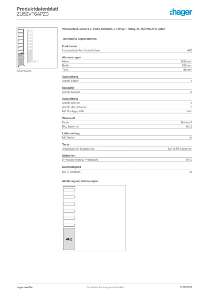 Bild Hager Produktdatenblatt ZU59VT6APZ3 | Hager Deutschland