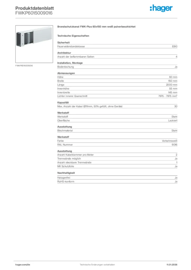 Hager Produktdatenblatt FWKP6015009016