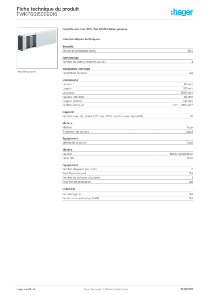 Image Hager Fiche technique du produit FWKP6015009016 | Hager Suisse