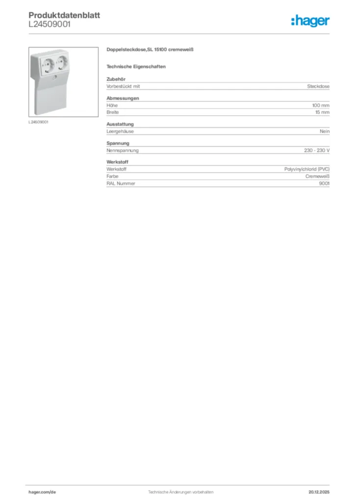 Bild Hager Produktdatenblatt L24509001 | Hager Deutschland
