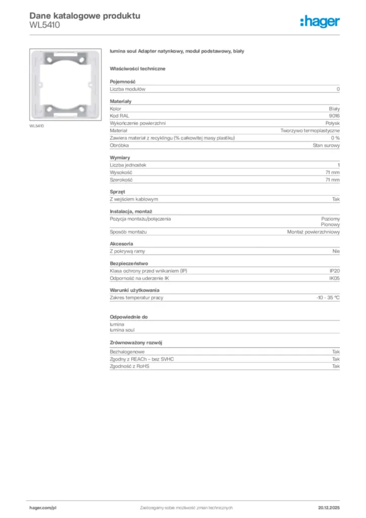 Zdjęcie Hager Dane katalogowe produktu WL5410 | Hager Polska