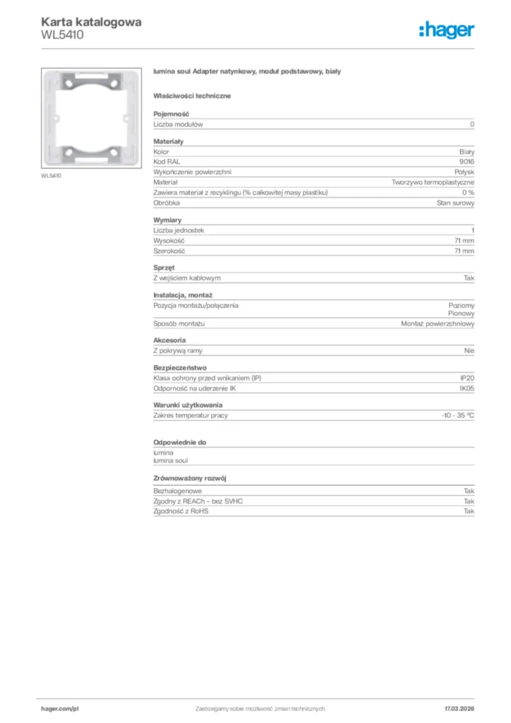 Zdjęcie Hager Karta katalogowa WL5410 | Hager Polska