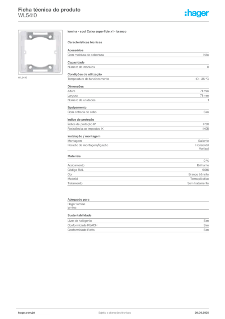 Imagem Hager Ficha técnica do produto WL5410 | Hager Portugal