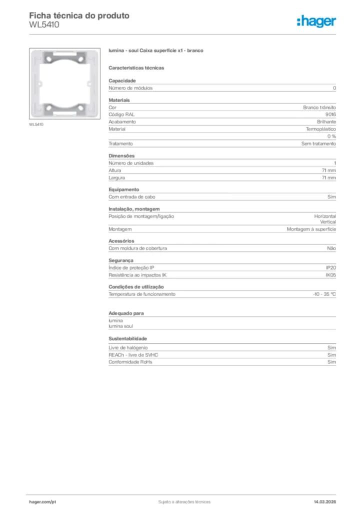 Imagem Hager Ficha técnica do produto WL5410 | Hager Portugal