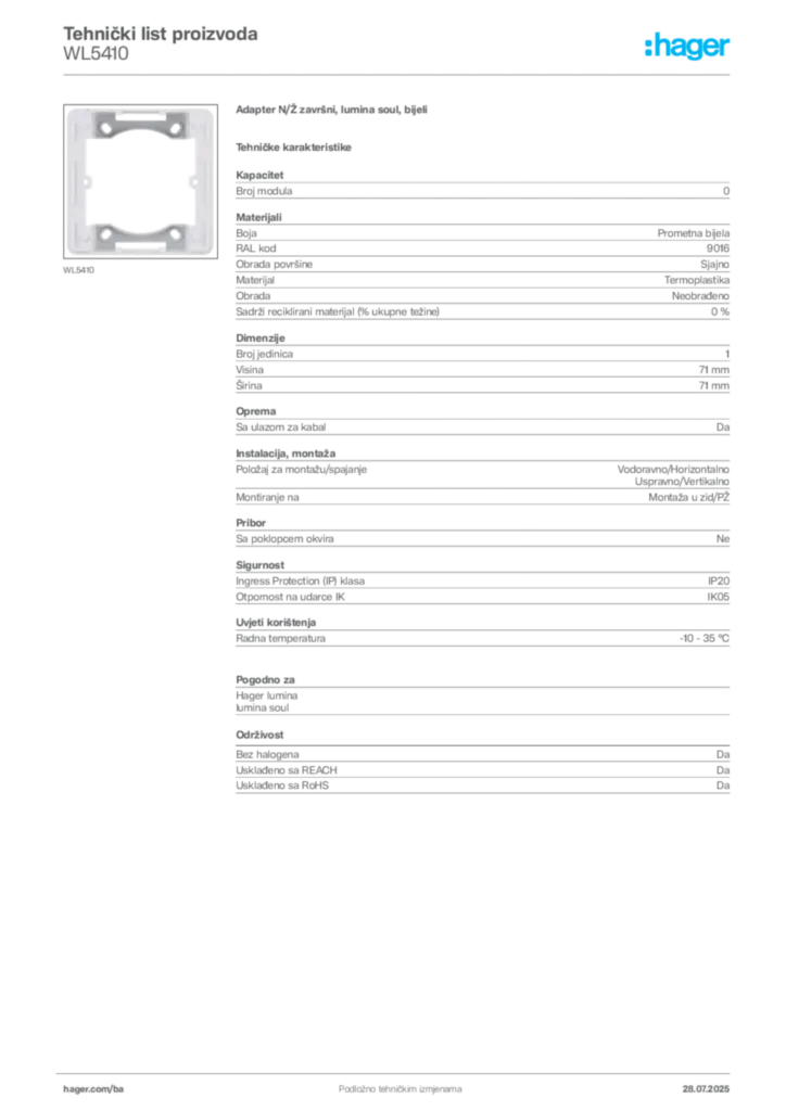 Slika Hager Product data sheet WL5410  | Hager